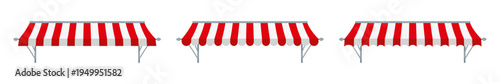 Collection of red and white striped awnings featuring different lower edge shapes on a white background.