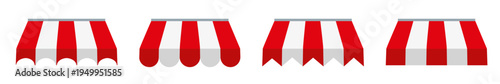 Assorted red and white striped awning styles with varied decorative bottom edges, isolated on white.