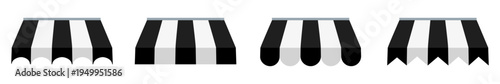 Set of black and white striped awning elements displaying different decorative bottom edge designs.