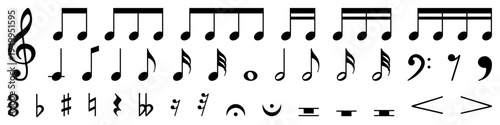 Comprehensive collection of essential musical notes and symbols, isolated on white.