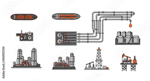 Oil and Gas Industry Infrastructure - Tankers, Pipelines, Refineries, and Drilling Rigs.