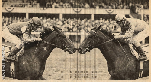 Historical horse racing finish line drama with timer data and blurred crowd background