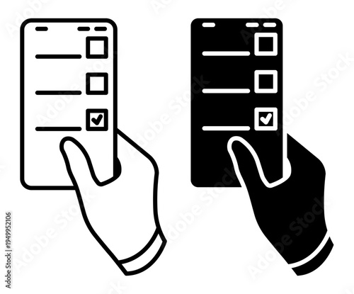 Linear icon. Citizen makes a choice and votes by voting on website using a smartphone. Simple black and white vector symbol isolated on white background