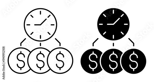 Linear icon. Time is money, watches and dollar coins. Simple black and white vector symbol isolated on white background