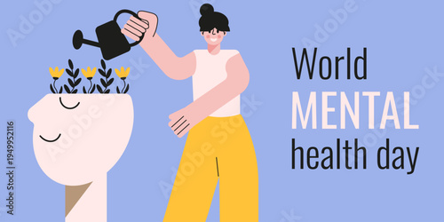 World Mental Health Day horizontal banner design. Vector illustration of flat person watering plants in the head with bold holiday message. Mental Health awareness month concept. EPS 10