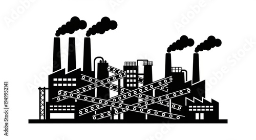 Factory silhouette vector illustration in urban cityscape with smoke and towers