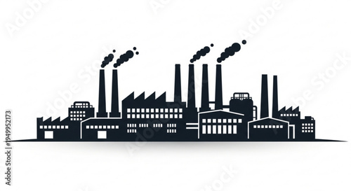 Silhouette vector illustration of an industrial factory building with towers and smoke representing industry and manufacturing in an urban skyline
