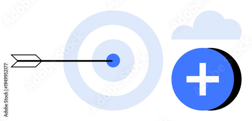 Goal achievement concept. Bullseye with arrow goal-reaching, cloud for digital tools, and plus sign for collaboration. Goal-setting, leadership, productivity, business strategies, teamwork