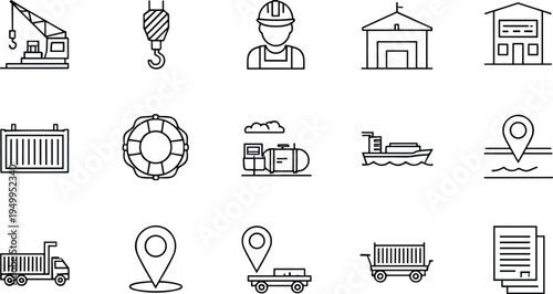 Logistics and cargo shipping line icons set, crane, container, truck, ship, warehouse, transport delivery outline vector collection