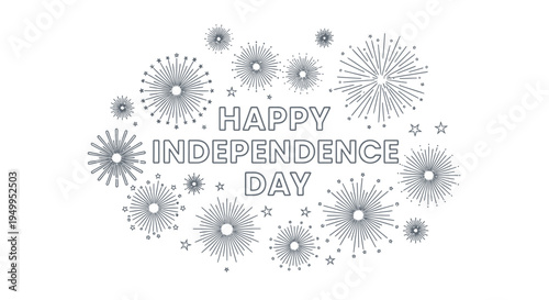 Set of 13 grey fireworks icons and Happy Independence Day text vector