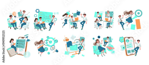 Team Collaboration and Digital Analysis Vector Illustration