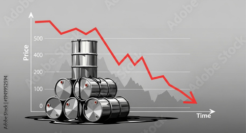 Oil Price Decline - Stacked Barrels with Downward Trend Line.