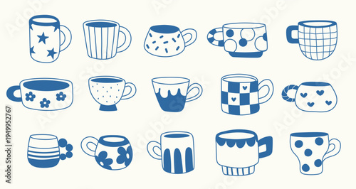 Hand drawn tea cups, coffee cups and kitchen mugs. Cute contour tableware of various shapes and patterns. Line monochrome ceramic mugs
