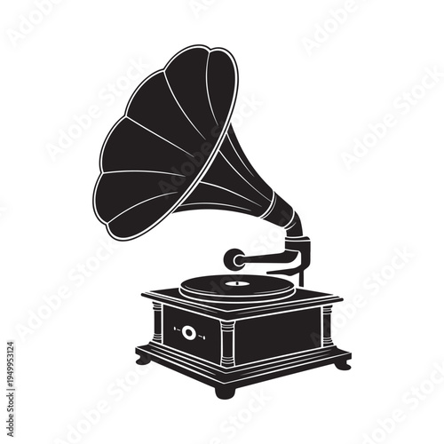 A vintage gramophone illustration in black and white showcasing early audio technology