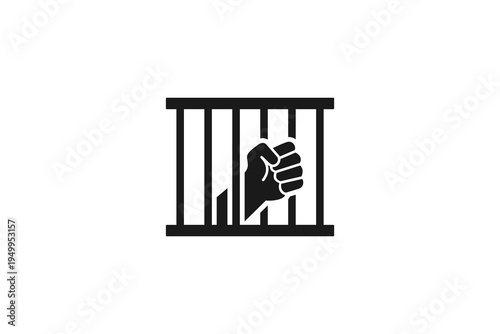 Hand fist behind prison bars icon for human rights or justice unfair laws