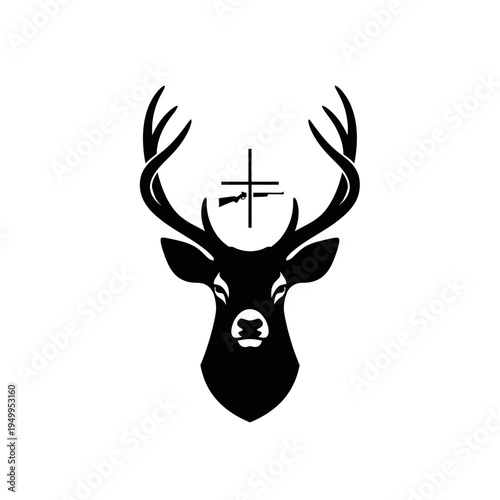 A striking black and white silhouette of a deer's head with antlers, featuring a rifle sight overlayed on its forehead.