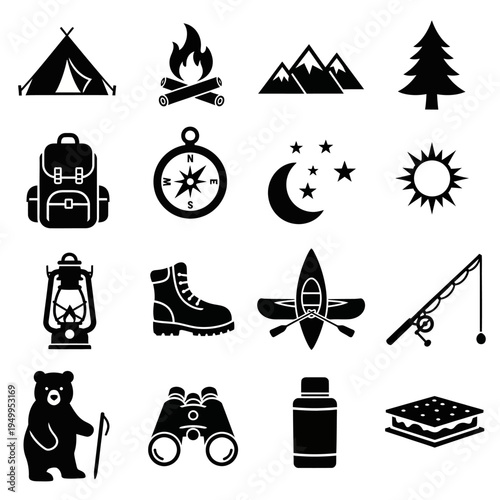 Collection of black and white icons representing various outdoor adventure and camping activities, including a tent, campfire, mountains, backpack, compass, and s'more.