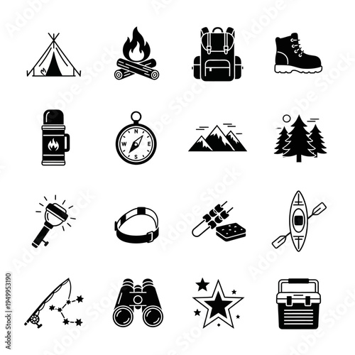 A collection of black and white icons representing various outdoor adventure and camping equipment and activities.