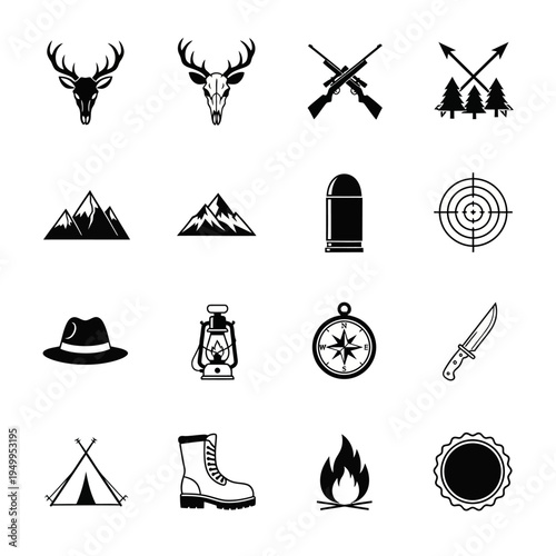 Collection of hunting and outdoor adventure icons, including deer, rifles, mountains, and camping gear.