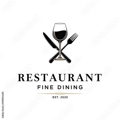 Elegant restaurant logo featuring a wine glass, fork, and knife, symbolizing fine dining and culinary excellence.
