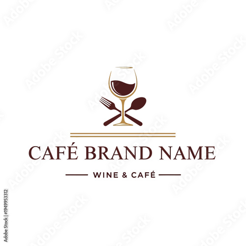 Elegant cafe logo featuring a wine glass with red wine, crossed fork and spoon, and text "CAFÉ BRAND NAME WINE & CAFÉ".