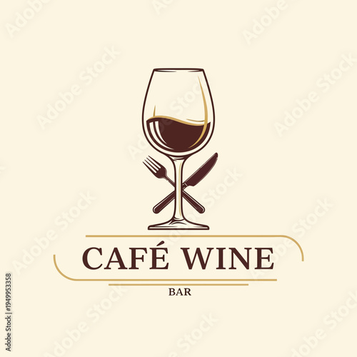 Elegant logo for a wine bar and cafe featuring a wine glass with cutlery, symbolizing dining and beverages.