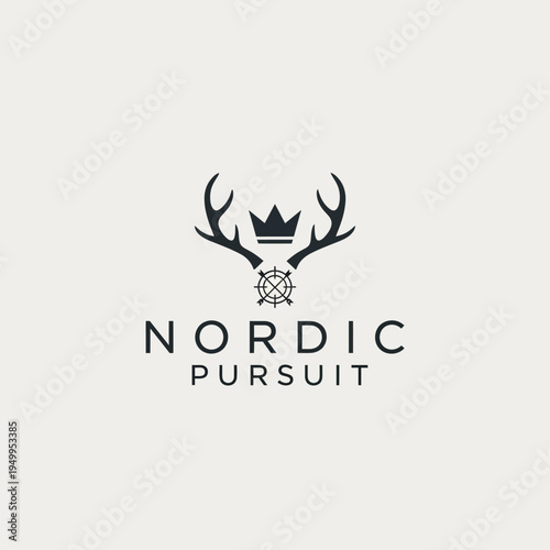 A minimalist logo featuring a crown atop deer antlers, with a compass rose below, and the text "NORDIC PURSUIT" centered.