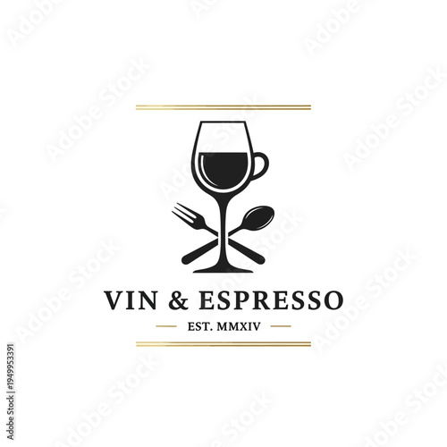 Elegant logo design featuring a wine glass with coffee inside, crossed fork and spoon, and the text "VIN & ESPRESSO EST. MMXIV".