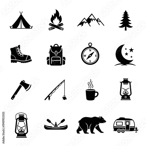 A collection of black and white vector icons representing various elements of outdoor camping and adventure activities.