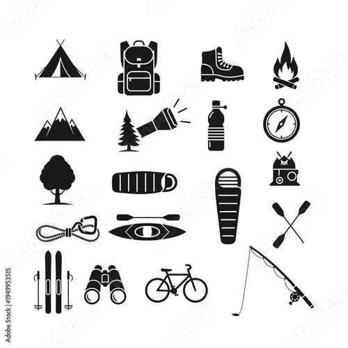 Collection of black and white vector icons representing various outdoor adventure and camping equipment and activities.