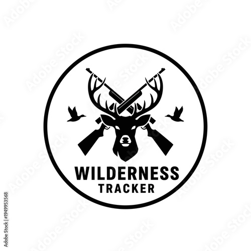A black and white circular logo featuring a deer head with antlers, crossed rifles, and two birds in flight, with the text "WILDERNESS TRACKER" below.
