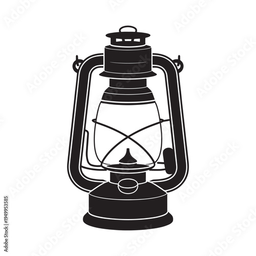 A detailed black silhouette of a vintage kerosene lantern with a handle