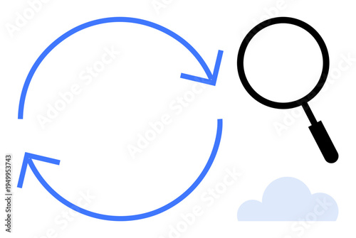 Data analysis concept. Process flow with circular arrows highlights cycles, while magnifying glass s data search. Data analysis aids decision-making, research, and optimization. For technology, data