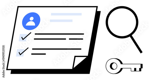 User profile checklist document with checkmarks, magnifying glass, and key, representing identity verification, data security, privacy, access control. Ideal for HR, authentication GDPR consent