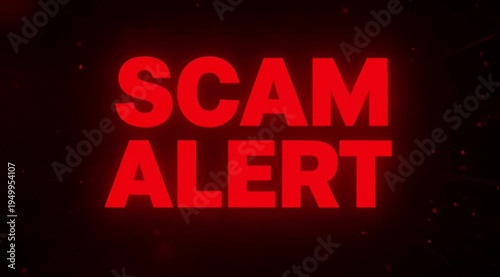Scam Alert 3D Text Animation with Red Warning Lights and Particle Effects on Dark Background