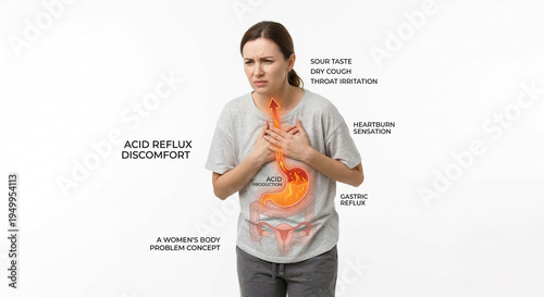 Medical infographic of a woman suffering from acid reflux and heartburn symptoms.