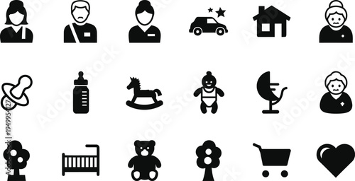 Collection of black icons depicting family childhood and domestic life silhouette