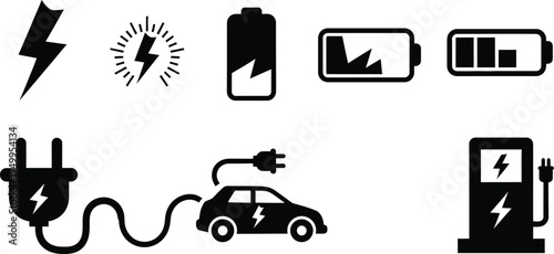 Energy icons depicting power charging and electric vehicles a silhouette