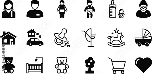 Black and white icons depicting family childcare and domestic life silhouette