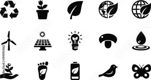 Environmental conservation icons depicting sustainability and nature black silhouette high quality