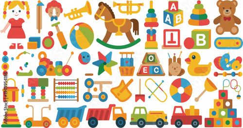 Set of cute cartoon toys for children isolated on white background featuring playful kids objects in colorful vector illustration style