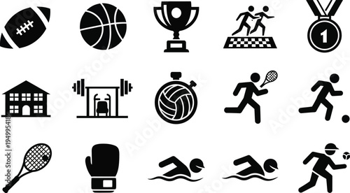 Various sports icons and equipment depicted in a striking black silhouette