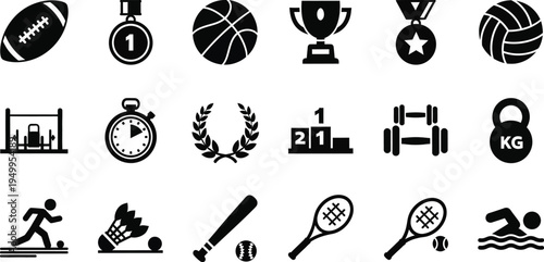Collection of black sports icons including balls trophies and athletes silhouette