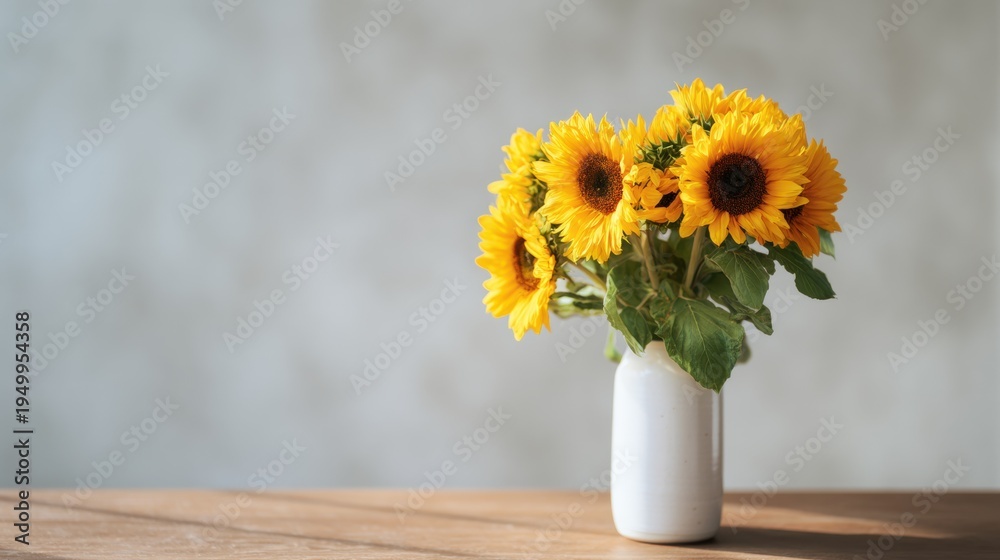 Fototapeta premium Bouquet of bright yellow sunflowers in a simple white ceramic vase on a wooden table. Floral arrangement for home decor, interior design, celebration, and summer mood. Rustic still life.