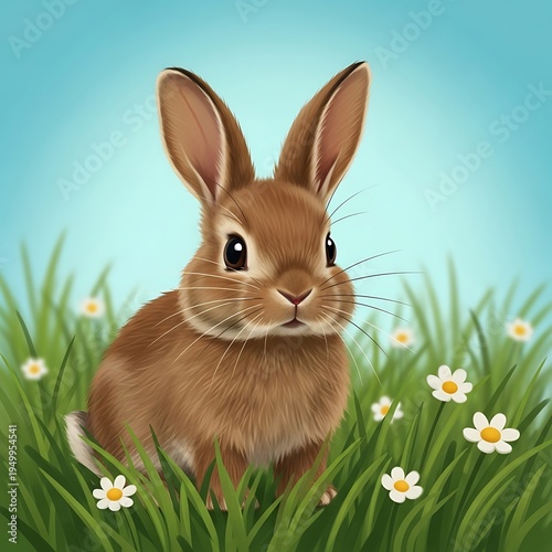 Adorable brown young lagomorph sitting amidst green foliage and small white blossoms