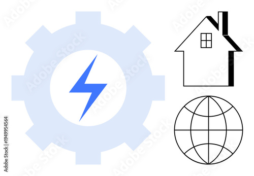 Renewable energy, global connectivity, home energy, power generation, clean technology, sustainability. Gear with lightning bolt, house and globe icon. Renewable energy and global connectivity