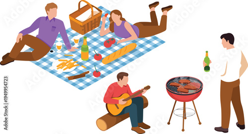 Picnic scene illustration of friends enjoying food and nature outdoors surrounded by greenery trees and relaxing social activities vector art