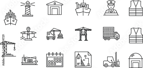 Port logistics and shipping industry line icons set, lighthouse, cargo ship, crane, warehouse, truck, maritime transport vector