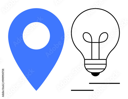 Navigation and ideas. Blue location marker and minimal line light bulb navigation and creative ideas. Navigation innovation for business logistics, creativity, travel apps, education