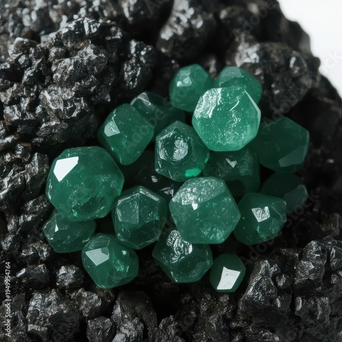 Close-up of raw emerald crystals embedded in a dark matrix rock, emphasizing the hexagonal shape and rich green saturation of the uncut gems. Rough, natural state. Generative AI